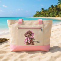 Personalized Pet Portrait Tote Bag with Zipper, Custom Dog or Cat Canvas Tote, Beach Travel Accessory, Pet Lover Canvas Bag, Gift for Her