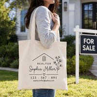 Personalized Floral Realtor Canvas Tote Bag, Custom Real Estate Agent Bag, Business Tote, Statement Tote Bag, Real Estate Gift for Her
