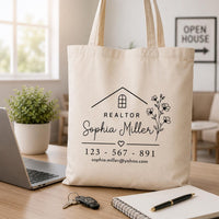 Personalized Floral Realtor Canvas Tote Bag, Custom Real Estate Agent Bag, Business Tote, Statement Tote Bag, Real Estate Gift for Her