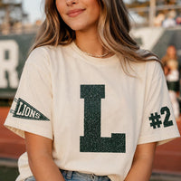 Personalized Glitter Team Spirit Shirt, Custom Varsity Initial Tee, Player Number Front Sleeve Print, School Spirit Game Day, Athlete Gifts