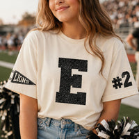 Personalized Glitter Team Spirit Shirt, Custom Varsity Initial Tee, Player Number Front Sleeve Print, School Spirit Game Day, Athlete Gifts