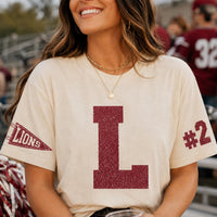 Personalized Glitter Team Spirit Shirt, Custom Varsity Initial Tee, Player Number Front Sleeve Print, School Spirit Game Day, Athlete Gifts