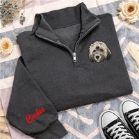 Personalized Pet Portrait Embroidered Quarter Zip Sweatshirt, Custom Pet Photo Pullover, Memorial Gift, Dog Mom Keepsake, Dog Lover Gift