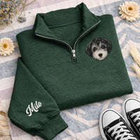 Personalized Pet Portrait Embroidered Quarter Zip Sweatshirt, Custom Pet Photo Pullover, Memorial Gift, Dog Mom Keepsake, Dog Lover Gift