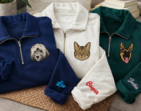 Personalized Pet Portrait Embroidered Quarter Zip Sweatshirt, Custom Pet Photo Pullover, Memorial Gift, Dog Mom Keepsake, Dog Lover Gift