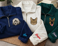 Personalized Pet Portrait Embroidered Quarter Zip Sweatshirt, Custom Pet Photo Pullover, Memorial Gift, Dog Mom Keepsake, Dog Lover Gift