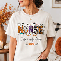 Personalized Halloween Nurse Tee, Custom Name Nursing Shirt, Spooky Season RN Top, Cute Healthcare Fall Shirt, Nurse Appreciation Gift