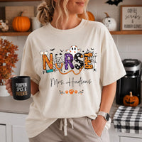 Personalized Halloween Nurse Tee, Custom Name Nursing Shirt, Spooky Season RN Top, Cute Healthcare Fall Shirt, Nurse Appreciation Gift