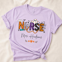 Personalized Halloween Nurse Tee, Custom Name Nursing Shirt, Spooky Season RN Top, Cute Healthcare Fall Shirt, Nurse Appreciation Gift