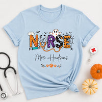 Personalized Halloween Nurse Tee, Custom Name Nursing Shirt, Spooky Season RN Top, Cute Healthcare Fall Shirt, Nurse Appreciation Gift