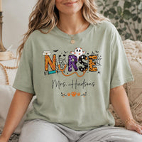 Personalized Halloween Nurse Tee, Custom Name Nursing Shirt, Spooky Season RN Top, Cute Healthcare Fall Shirt, Nurse Appreciation Gift