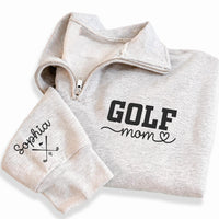 Golf Mom Embroidered Quarter Zip Sweatshirt, Custom Sleeve Name Pullover, Country Club Pullover, Sporty Mama Outfit, Golf Lover Gift