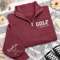 Golf Mom Embroidered Quarter Zip Sweatshirt, Custom Sleeve Name Pullover, Country Club Pullover, Sporty Mama Outfit, Golf Lover Gift