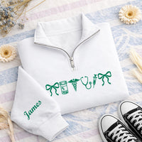 Personalized Nurse Embroidered Quarter Zip Sweatshirt, Custom Medical Pullover, Scrub Layering Top, Coquette Nurse Bow, Nurses Week Gift