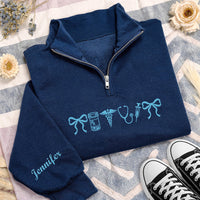 Personalized Nurse Embroidered Quarter Zip Sweatshirt, Custom Medical Pullover, Scrub Layering Top, Coquette Nurse Bow, Nurses Week Gift