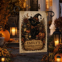 Personalized Black Cat Halloween Garden Flag, 12x18 Double Sided Yard Flag, Spooky Porch Decor, Custom Pumpkin Patch, Halloween Gift