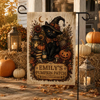 Personalized Black Cat Halloween Garden Flag, 12x18 Double Sided Yard Flag, Spooky Porch Decor, Custom Pumpkin Patch, Halloween Gift