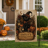 Personalized Black Cat Halloween Garden Flag, 12x18 Double Sided Yard Flag, Spooky Porch Decor, Custom Pumpkin Patch, Halloween Gift