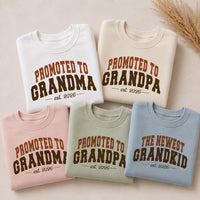Personalized Promoted to Grandma & Grandpa Sweatshirt, Custom Grandparent Tee, Newest Grandkid, Baby Reveal, New Grandma Gift, Front Sleeve