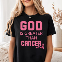 God Is Greater Than Cancer Shirt, Christian Breast Cancer Awareness Tee, Pink Ribbon Faith Shirt, Faith Over Fear Outfit, Gift for Fighter