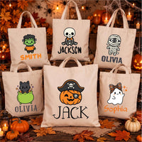Personalized Halloween Canvas Tote Bag, Custom Name Trick or Treat Bag, Cute Spooky Character Cotton Tote, Novelty Tote Bag, Funny Gift