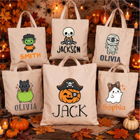 Personalized Halloween Canvas Tote Bag, Custom Name Trick or Treat Bag, Cute Spooky Character Cotton Tote, Novelty Tote Bag, Funny Gift