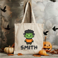 Personalized Halloween Canvas Tote Bag, Custom Name Trick or Treat Bag, Cute Spooky Character Cotton Tote, Novelty Tote Bag, Funny Gift