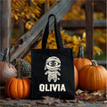 Personalized Halloween Canvas Tote Bag, Custom Name Trick or Treat Bag, Cute Spooky Character Cotton Tote, Novelty Tote Bag, Funny Gift