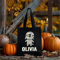 Personalized Halloween Canvas Tote Bag, Custom Name Trick or Treat Bag, Cute Spooky Character Cotton Tote, Novelty Tote Bag, Funny Gift