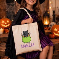 Personalized Halloween Canvas Tote Bag, Custom Name Trick or Treat Bag, Cute Spooky Character Cotton Tote, Novelty Tote Bag, Funny Gift
