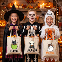 Personalized Halloween Canvas Tote Bag, Custom Name Trick or Treat Bag, Cute Spooky Character Cotton Tote, Novelty Tote Bag, Funny Gift