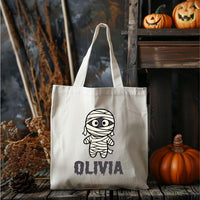 Personalized Halloween Canvas Tote Bag, Custom Name Trick or Treat Bag, Cute Spooky Character Cotton Tote, Novelty Tote Bag, Funny Gift