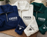 Cheer Mom Embroidered Quarter Zip Sweatshirt, Custom Sleeve Name Pullover, Mama Cozy Pullover, Cheer Competition Wear, Gift for Mom