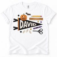 Personalized Halloween Name Shirt, Custom School Pennant Tee, Halloween Party Tee, Spooky Classroom Outfit for Students, Gift for Kids