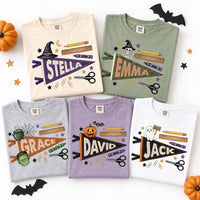 Personalized Halloween Name Shirt, Custom School Pennant Tee, Halloween Party Tee, Spooky Classroom Outfit for Students, Gift for Kids