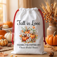 Personalized Fall Bridal Shower Bag, Pumpkin Drawstring Sack with Name, Autumn Wedding Gift Bag, Fall in Love Party Favor, Bride Keepsake
