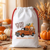 Personalized Fall Drawstring Sack, Autumn Gnome Truck Gift Bag with Name, Pumpkin Plaid Toy Sack, Reusable Harvest Bag, Thanksgiving Gift