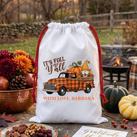 Personalized Fall Drawstring Sack, Autumn Gnome Truck Gift Bag with Name, Pumpkin Plaid Toy Sack, Reusable Harvest Bag, Thanksgiving Gift