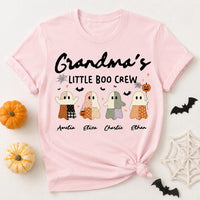 Personalized Grandma Halloween Shirt, Custom Grandkids Little Boo Crew Tee, Patchwork Ghost Top, Halloween Party Tee, Gift for Grandma