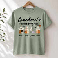 Personalized Grandma Halloween Shirt, Custom Grandkids Little Boo Crew Tee, Patchwork Ghost Top, Halloween Party Tee, Gift for Grandma