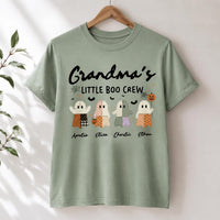 Personalized Grandma Halloween Shirt, Custom Grandkids Little Boo Crew Tee, Patchwork Ghost Top, Halloween Party Tee, Gift for Grandma