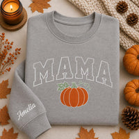 Mama Pumpkin Embroidered Sweatshirt, Retro Fall Mom Hoodie, Personalized Name Sleeve Shirt, Mama Sweatshirt, Thanksgiving Gift for Mom