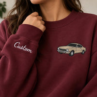 Custom Car Embroidered Sweatshirt, Personalized Vehicle Hoodie, Auto Lover Shirt, Cozy Hobby Crewneck, Hobby Gift for Car Enthusiast