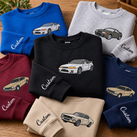 Custom Car Embroidered Sweatshirt, Personalized Vehicle Hoodie, Auto Lover Shirt, Cozy Hobby Crewneck, Hobby Gift for Car Enthusiast
