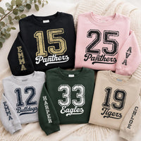 Personalized Sports Number Sweatshirt, Custom Mascot Game Day Hoodie, Player Name Shirt, College Football Fan, Athlete Gift, Front Sleeve