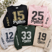 Personalized Sports Number Sweatshirt, Custom Mascot Game Day Hoodie, Player Name Shirt, College Football Fan, Athlete Gift, Front Sleeve