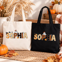 Personalized Halloween Tote Bag, Custom Name Trick or Treat Bag, Spooky Season Ghost Canvas Tote for Girls, Novelty Tote Bag, Funny Gift