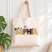 Personalized Halloween Tote Bag, Custom Name Trick or Treat Bag, Spooky Season Ghost Canvas Tote for Girls, Novelty Tote Bag, Funny Gift