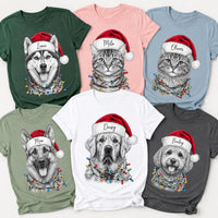 Custom Santa Hat Christmas Dog Shirt, Personalized Dog Photo Tee, Custom Pet Name Tee, Cat or Puppy Sketch Drawing, Gift for Pet Mom