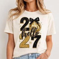 Hello 2027 Black Gold New Year Shirt, Disco Ball Bow Graphic Tee, Sparkly NYE Party T-Shirt, New Years Eve Outfit, Holiday Gift for Her